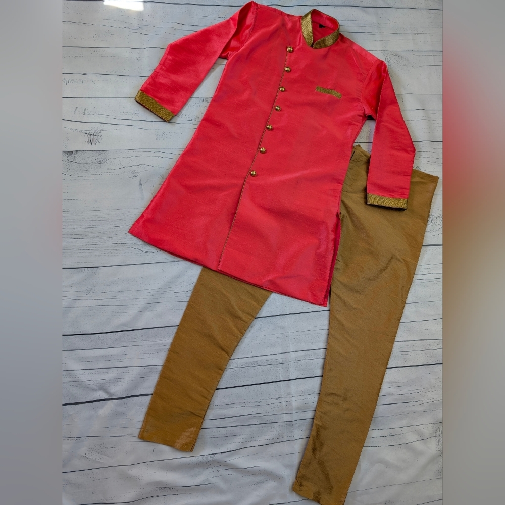 Hot Pink and Gold Men Sherwani Set